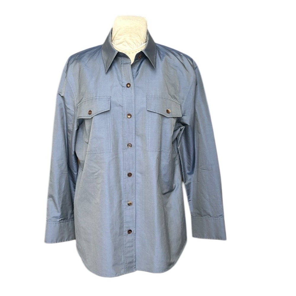 Lafayette 148 New York Iridescent Blue Silk Blend Button Down Shirt w/Pockets 18